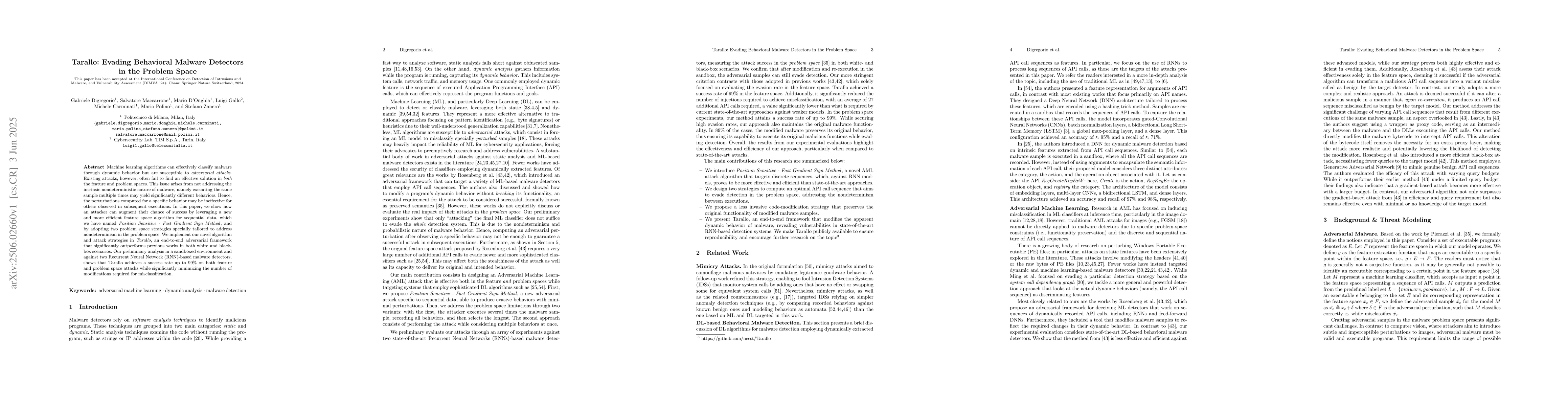 Thumbnail for Tarallo: Evading Behavioral Malware Detectors in the Problem Space