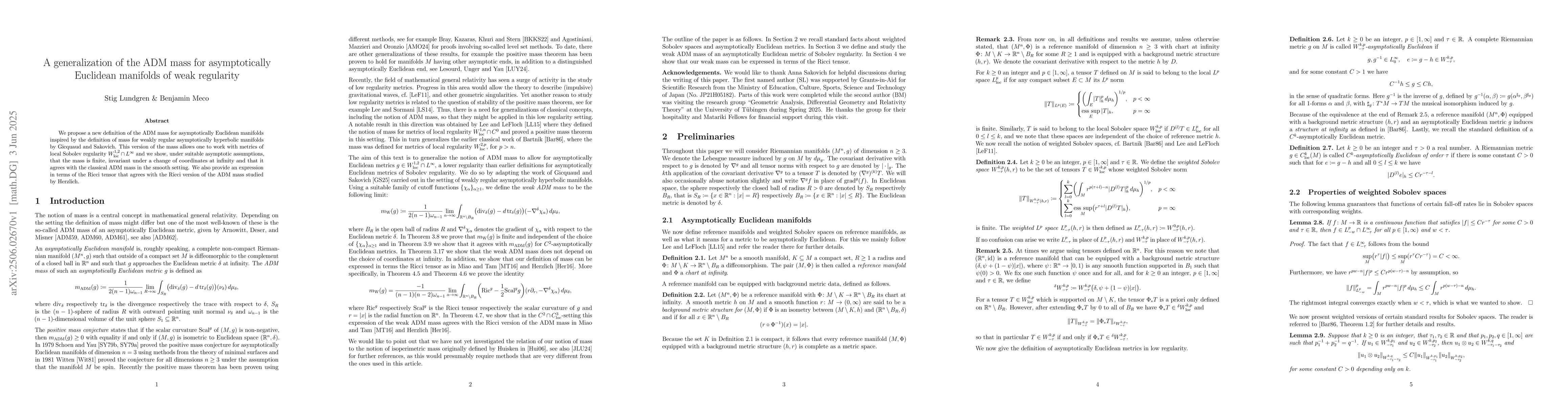 Thumbnail for A generalization of the ADM mass for asymptotically Euclidean manifolds
  of weak regularity