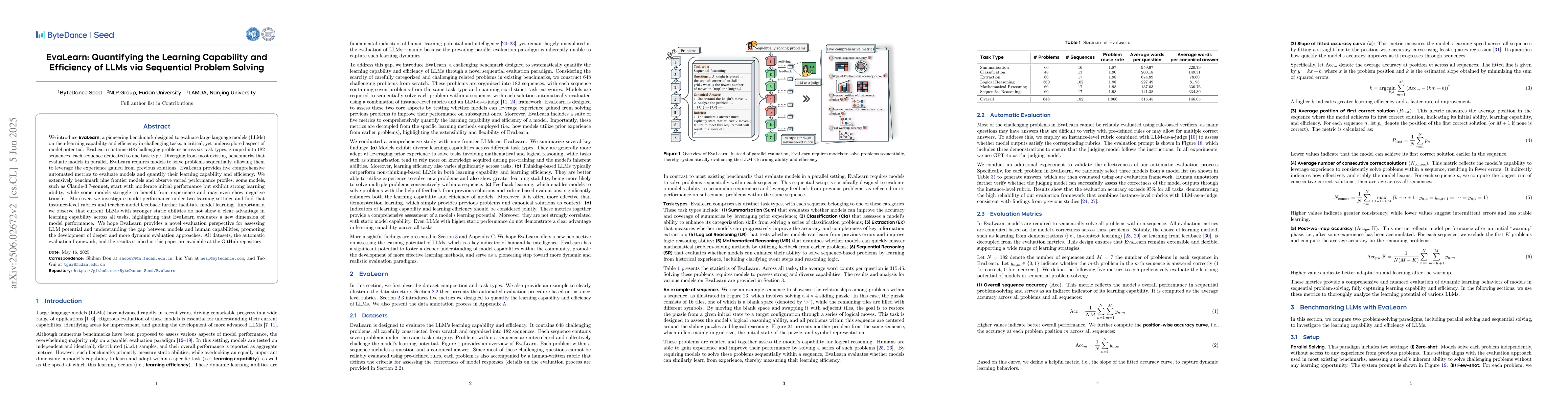 Thumbnail for EvaLearn: Quantifying the Learning Capability and Efficiency of LLMs via
  Sequential Problem Solving
