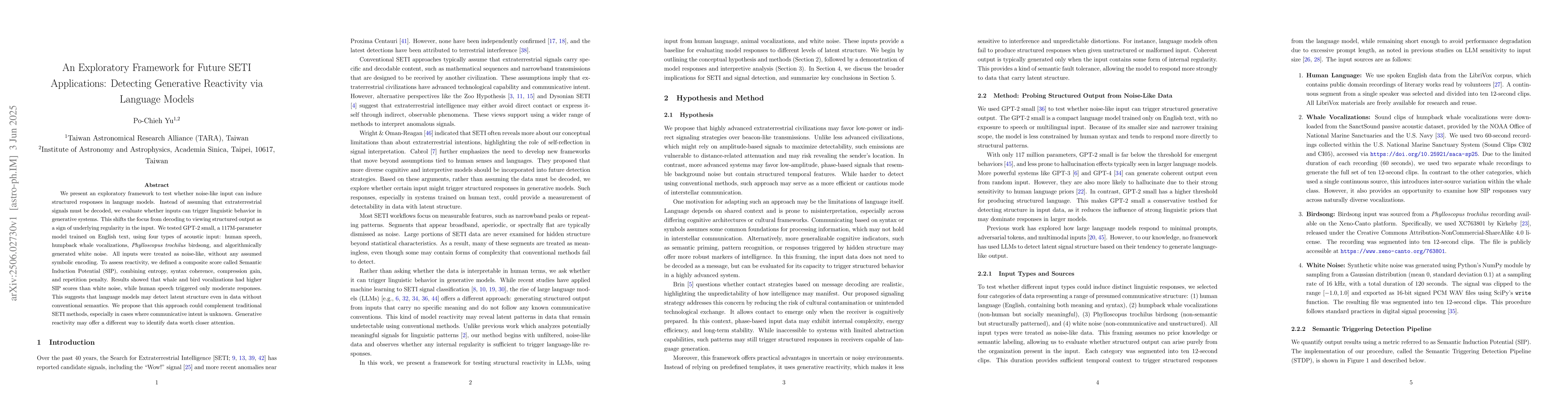 Thumbnail for An Exploratory Framework for Future SETI Applications: Detecting
  Generative Reactivity via Language Models