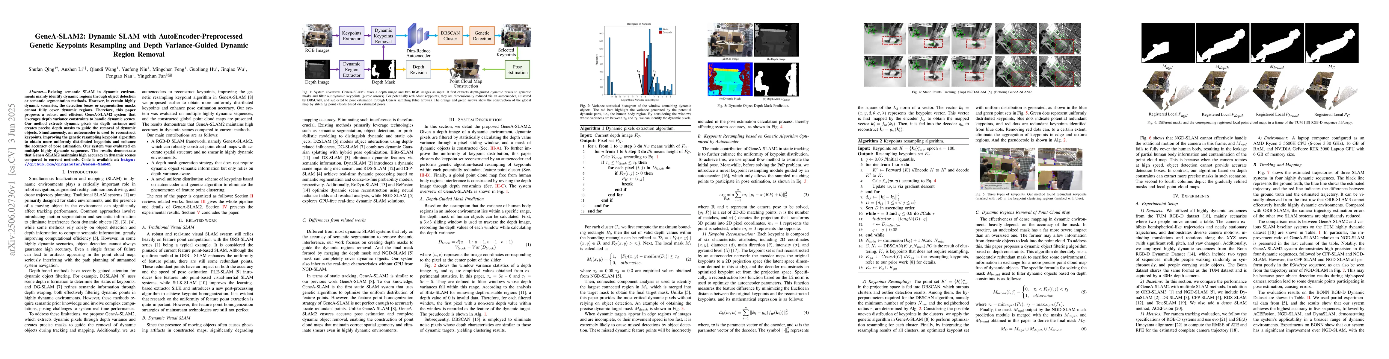 Thumbnail for GeneA-SLAM2: Dynamic SLAM with AutoEncoder-Preprocessed Genetic
  Keypoints Resampling and Depth Variance-Guided Dynamic Region Removal