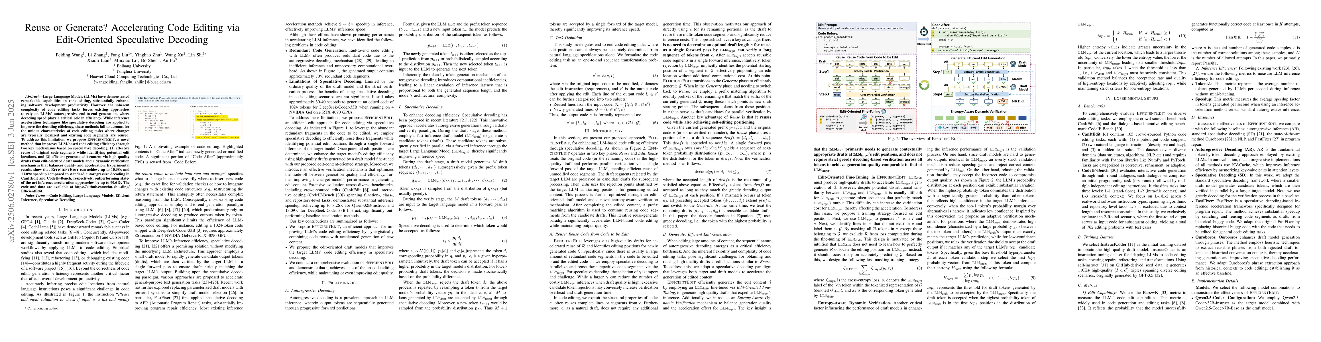 Thumbnail for Reuse or Generate? Accelerating Code Editing via Edit-Oriented
  Speculative Decoding