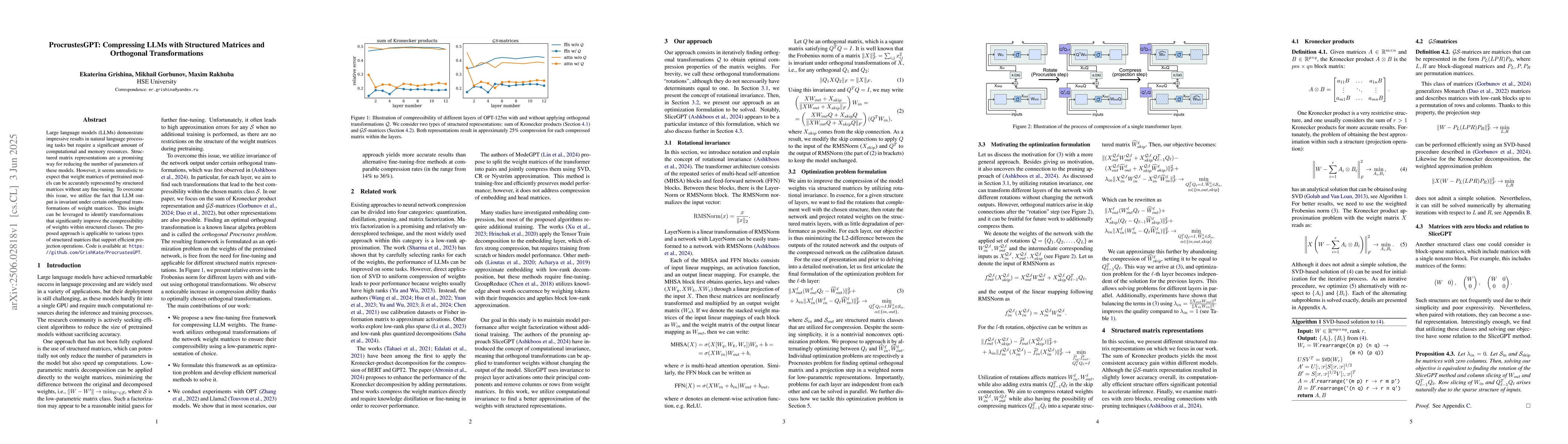 Thumbnail for ProcrustesGPT: Compressing LLMs with Structured Matrices and Orthogonal
  Transformations