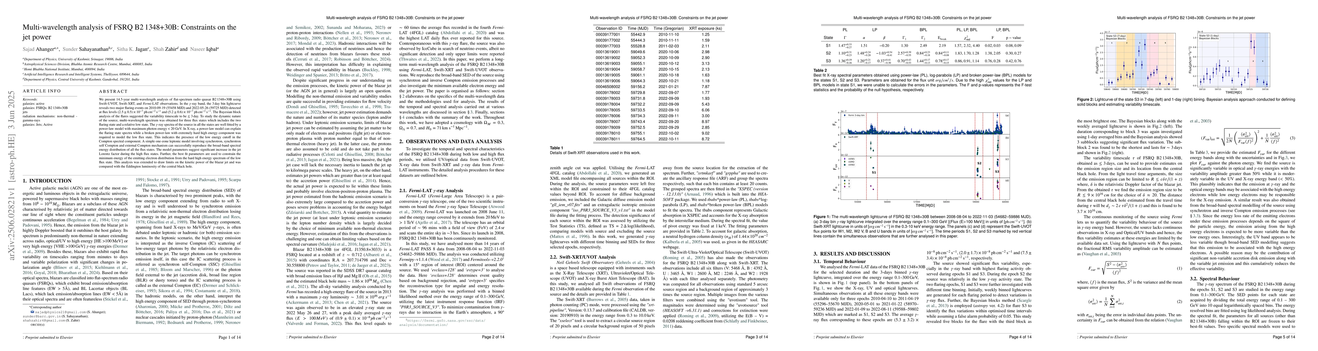 Thumbnail for Multi-wavelength analysis of FSRQ B2 1348+30B: Constraints on the jet
  power