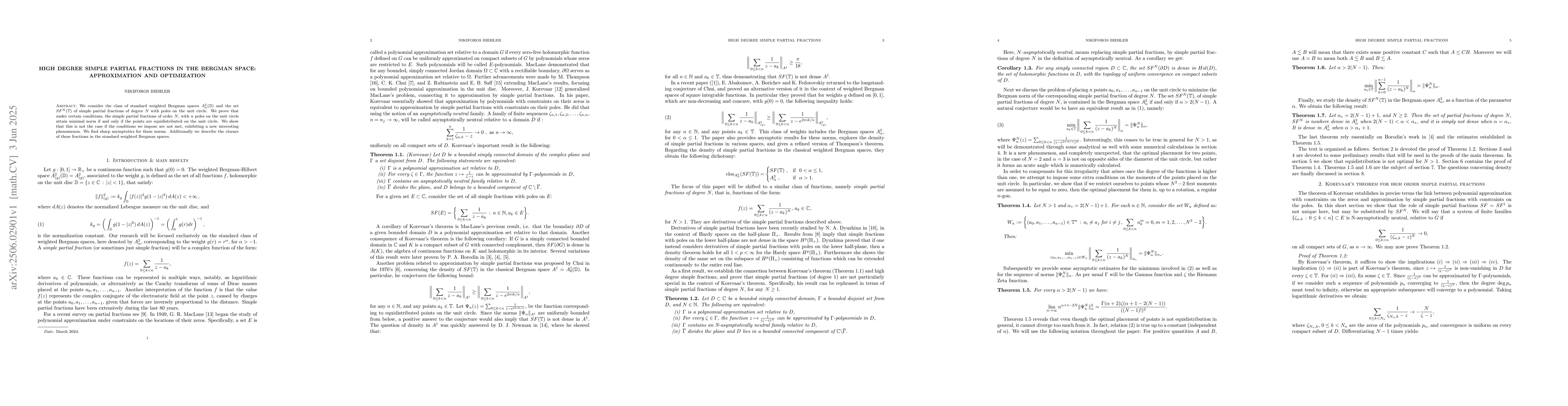 Thumbnail for High degree simple partial fractions in the Bergman space: Approximation
  and Optimization