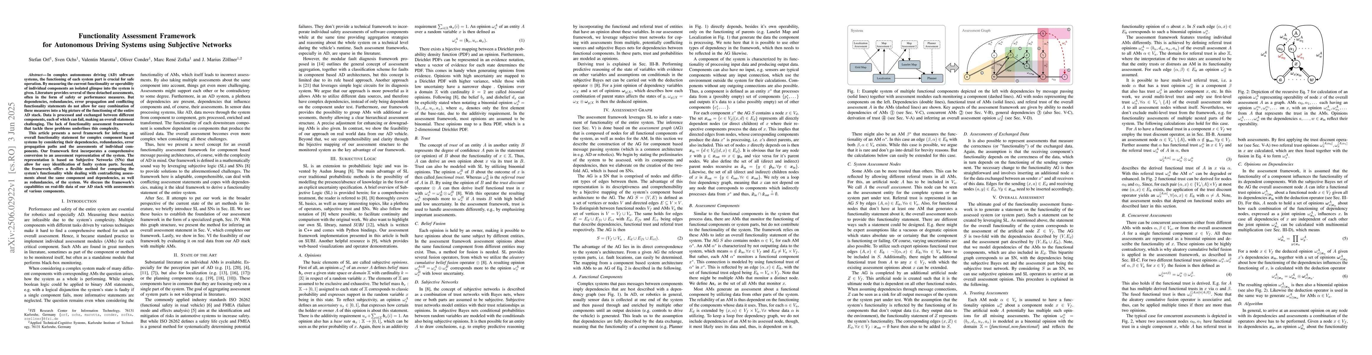 Thumbnail for Functionality Assessment Framework for Autonomous Driving Systems using
  Subjective Networks