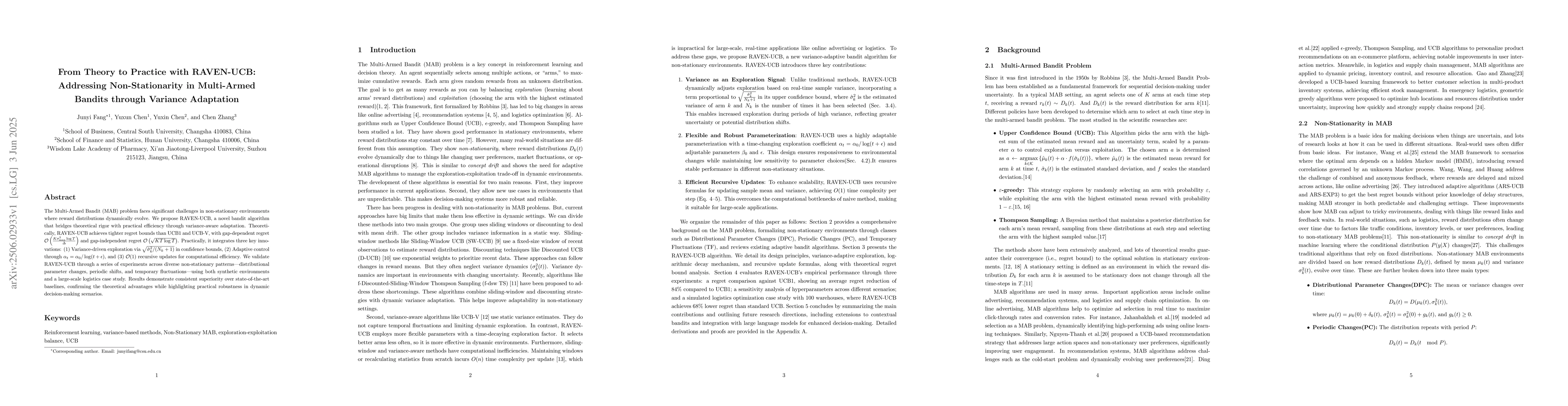 Thumbnail for From Theory to Practice with RAVEN-UCB: Addressing Non-Stationarity in
  Multi-Armed Bandits through Variance Adaptation