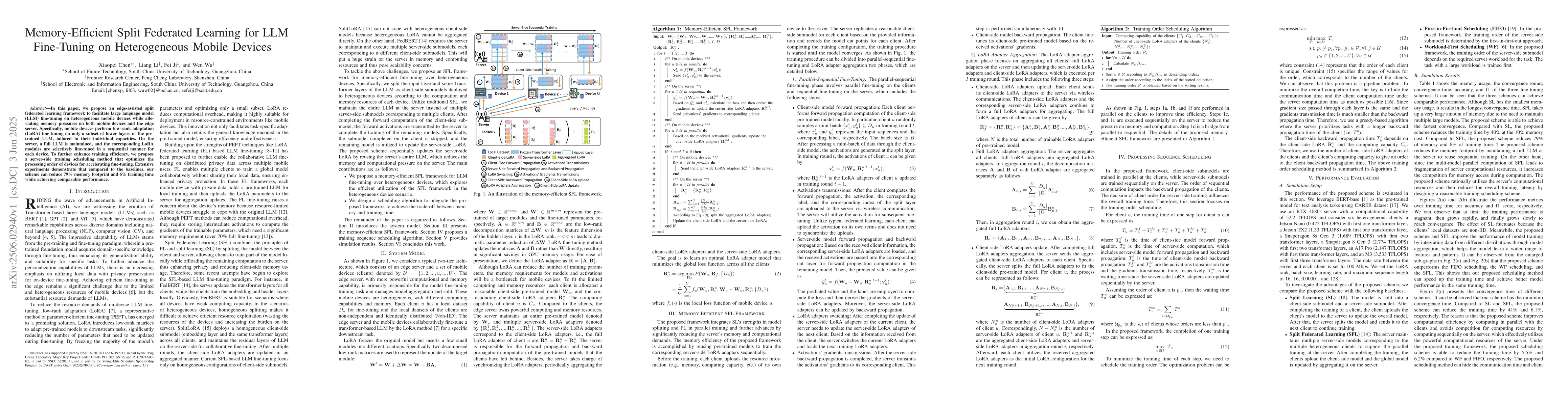 Thumbnail for Memory-Efficient Split Federated Learning for LLM Fine-Tuning on
  Heterogeneous Mobile Devices