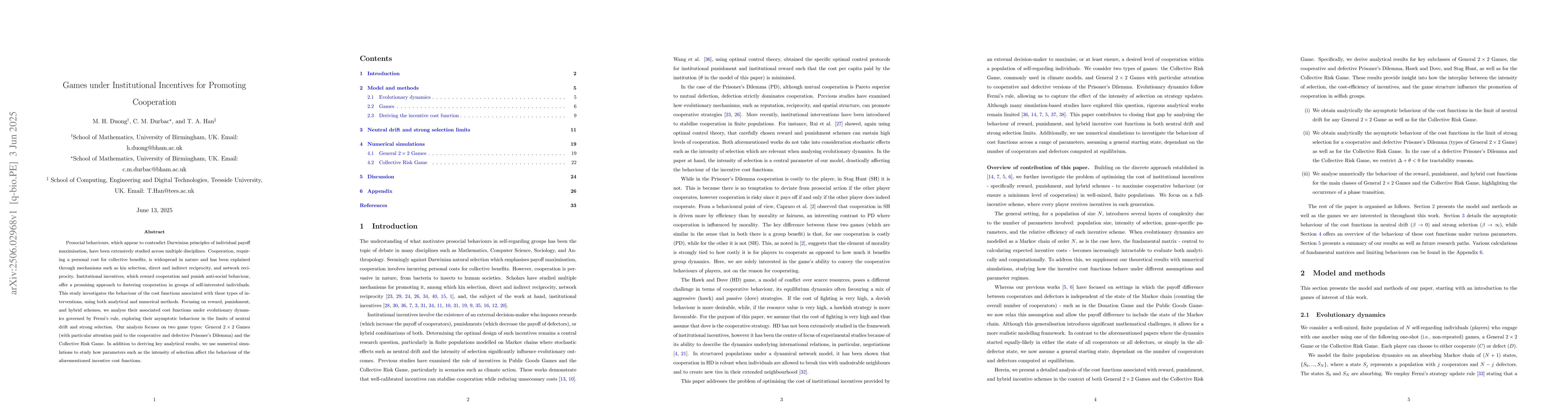 Thumbnail for Cost of institutional incentives for promoting cooperation in $2\times2$
  games and collective risk games