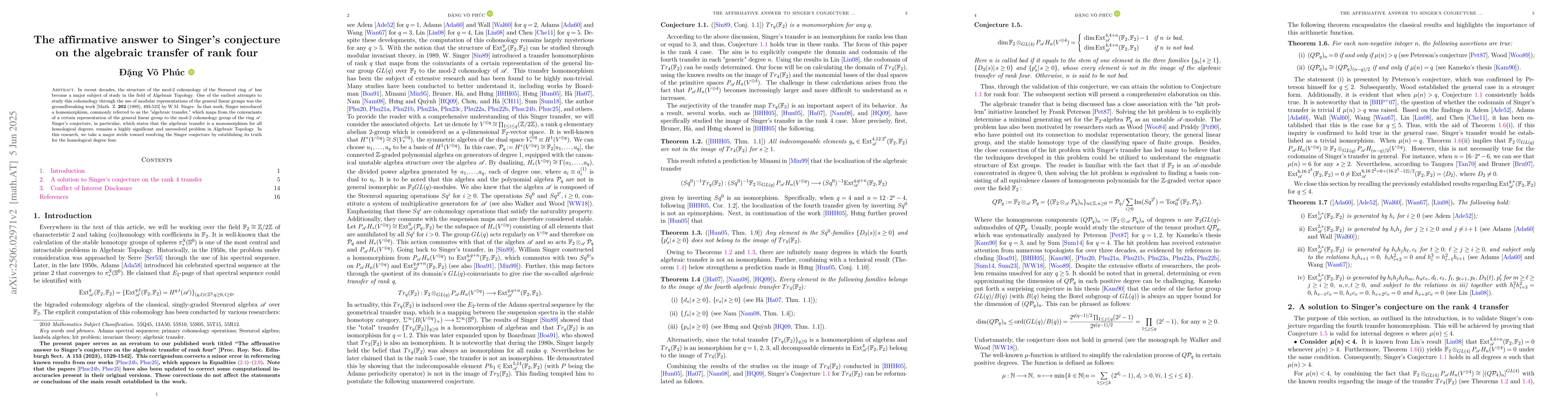 Thumbnail for The affirmative answer to Singer's conjecture on the algebraic transfer
  of rank four