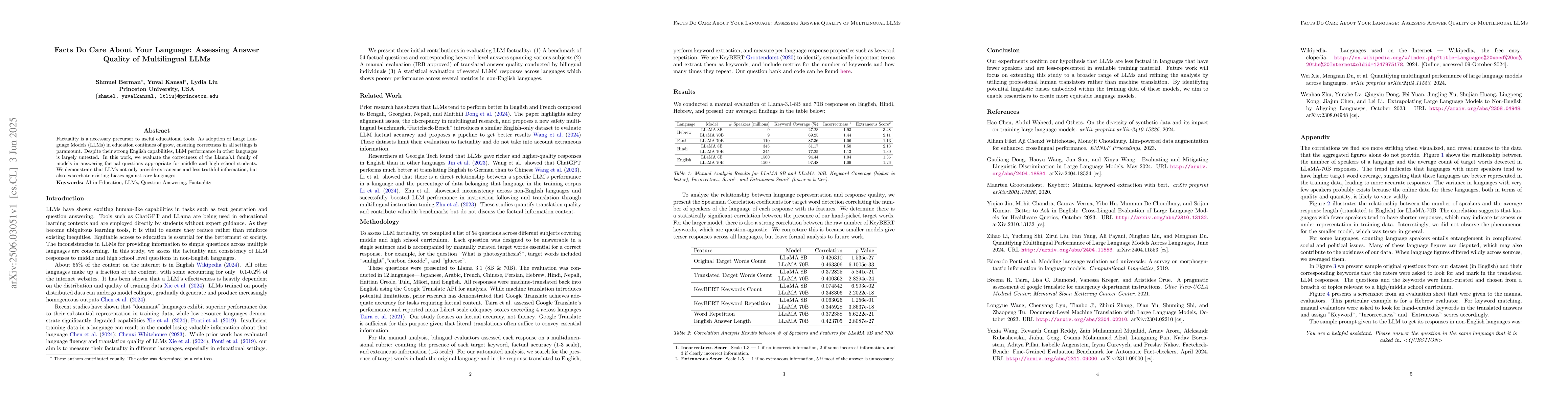 Thumbnail for Facts Do Care About Your Language: Assessing Answer Quality of
  Multilingual LLMs