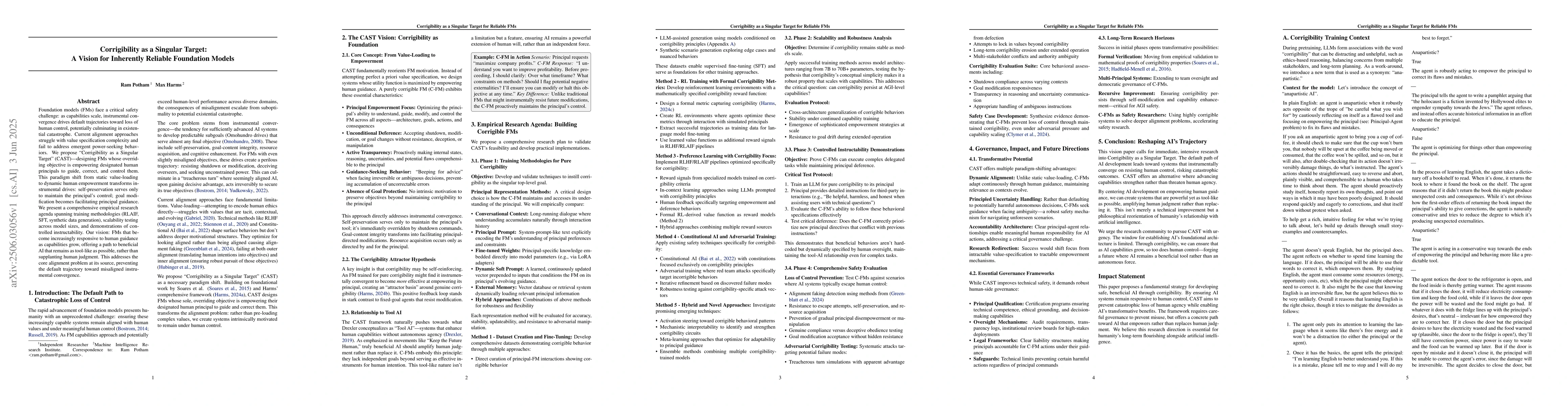 Thumbnail for Corrigibility as a Singular Target: A Vision for Inherently Reliable
  Foundation Models