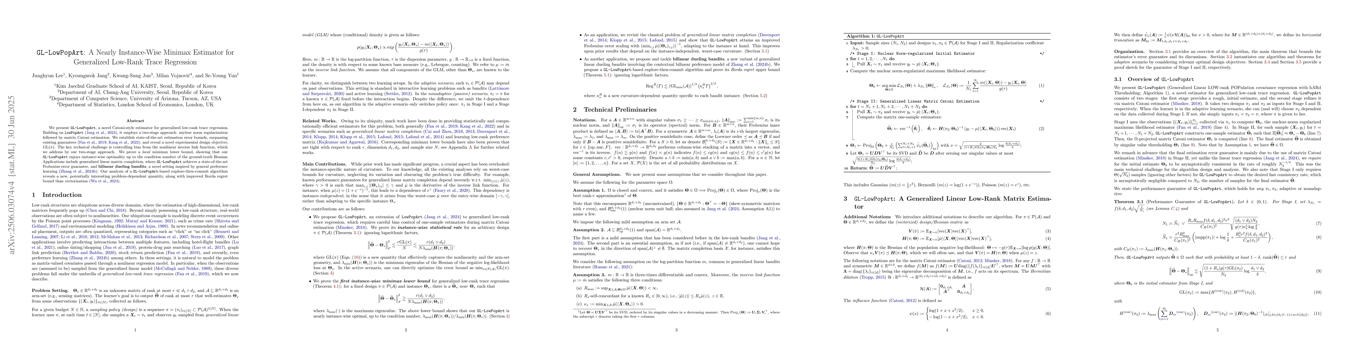 Thumbnail for GL-LowPopArt: A Nearly Instance-Wise Minimax-Optimal Estimator for
  Generalized Low-Rank Trace Regression