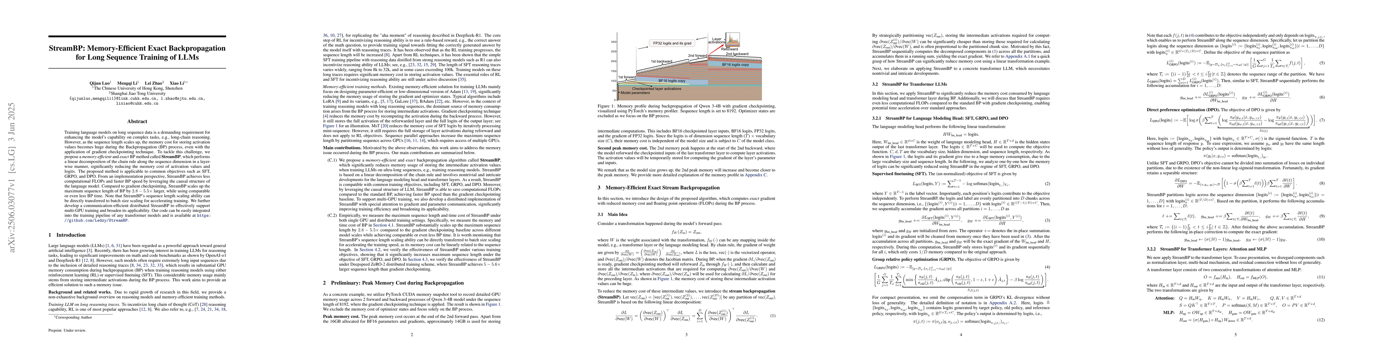 Thumbnail for StreamBP: Memory-Efficient Exact Backpropagation for Long Sequence
  Training of LLMs