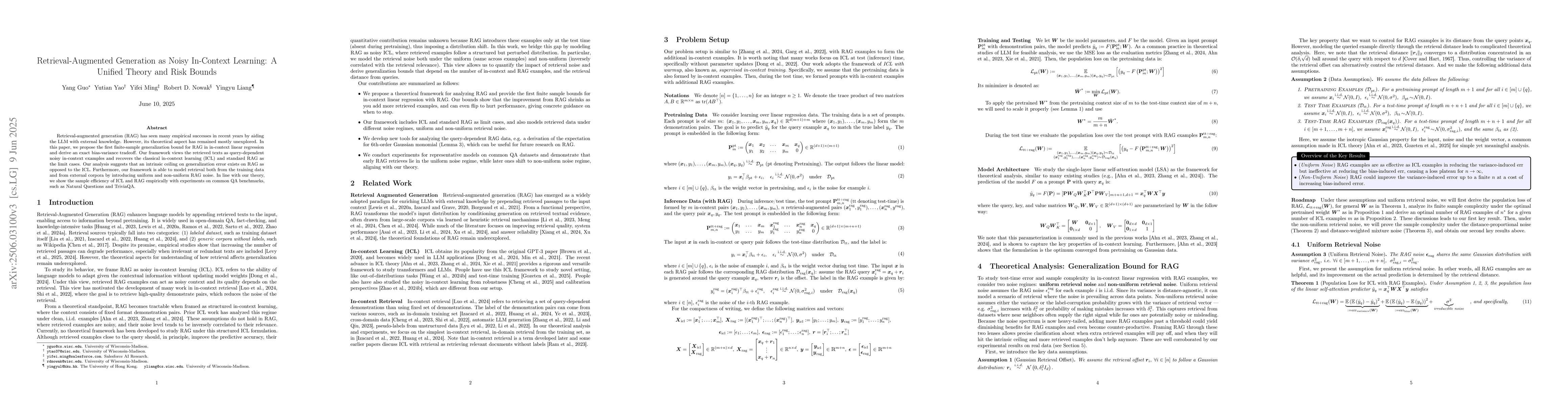 Thumbnail for Retrieval-Augmented Generation as Noisy In-Context Learning: A Unified
  Theory and Risk Bounds