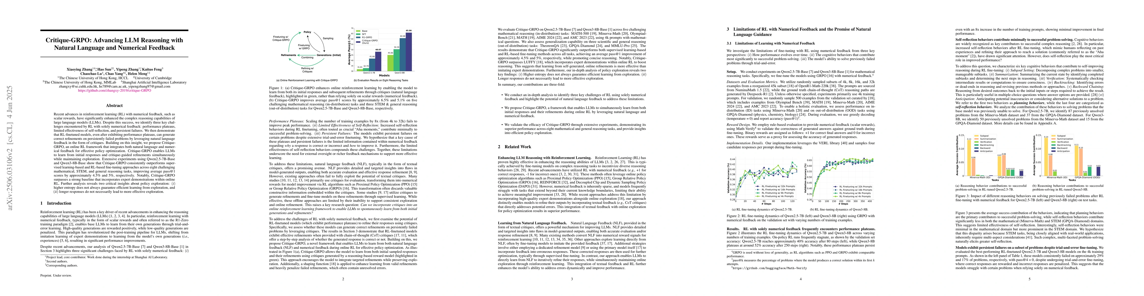 Thumbnail for Critique-GRPO: Advancing LLM Reasoning with Natural Language and
  Numerical Feedback