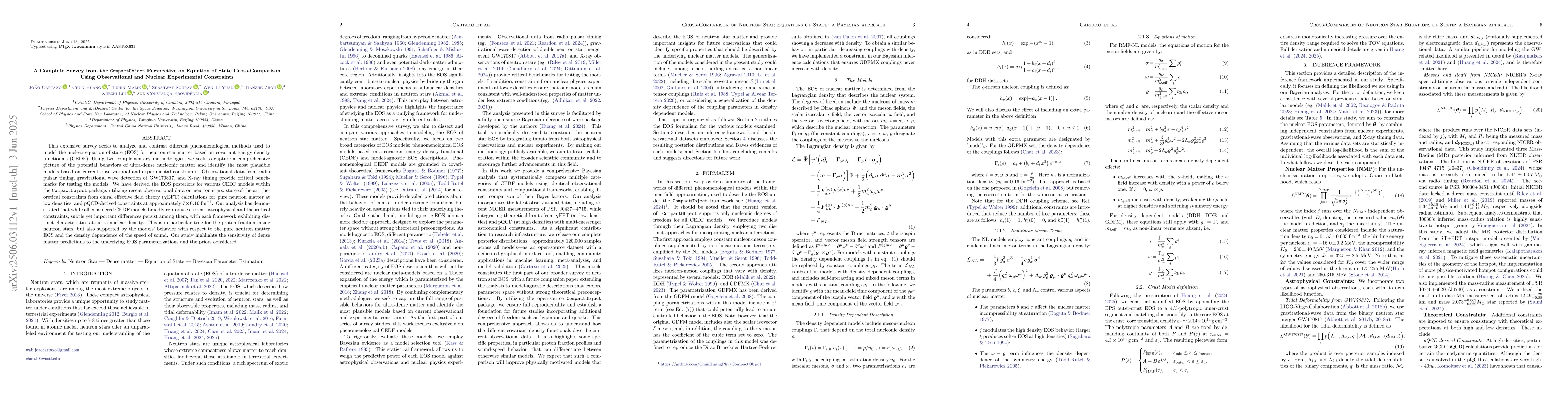 Thumbnail for A Complete Survey from the $\texttt{CompactObject}$ Perspective on
  Equation of State Cross-Comparison Using Observational and Nuclear
  Experimental Constraints