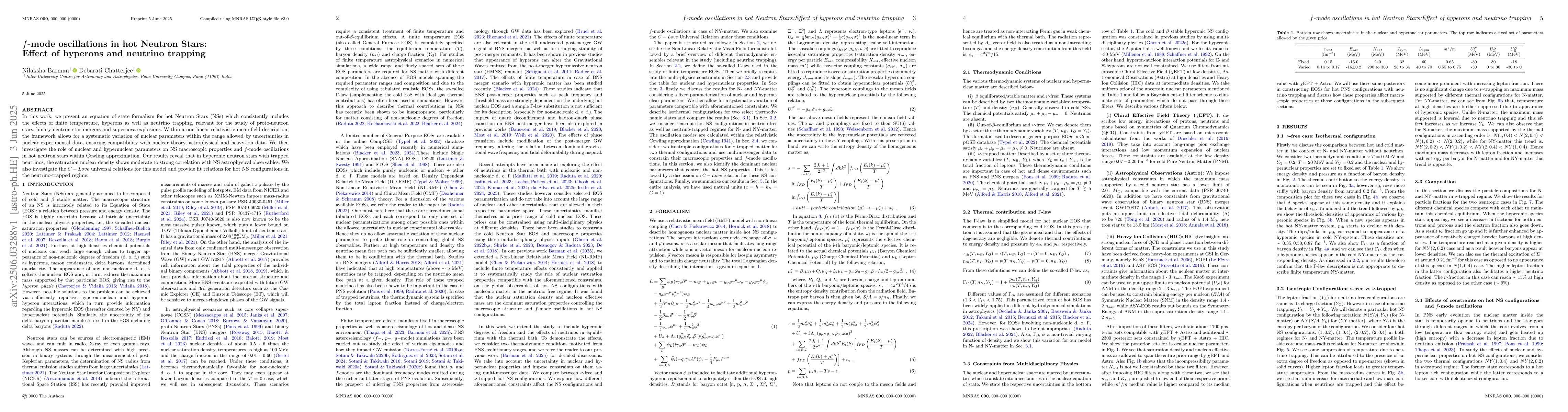 Thumbnail for $f$-mode oscillations in hot Neutron Stars: Effect of hyperons and
  neutrino trapping