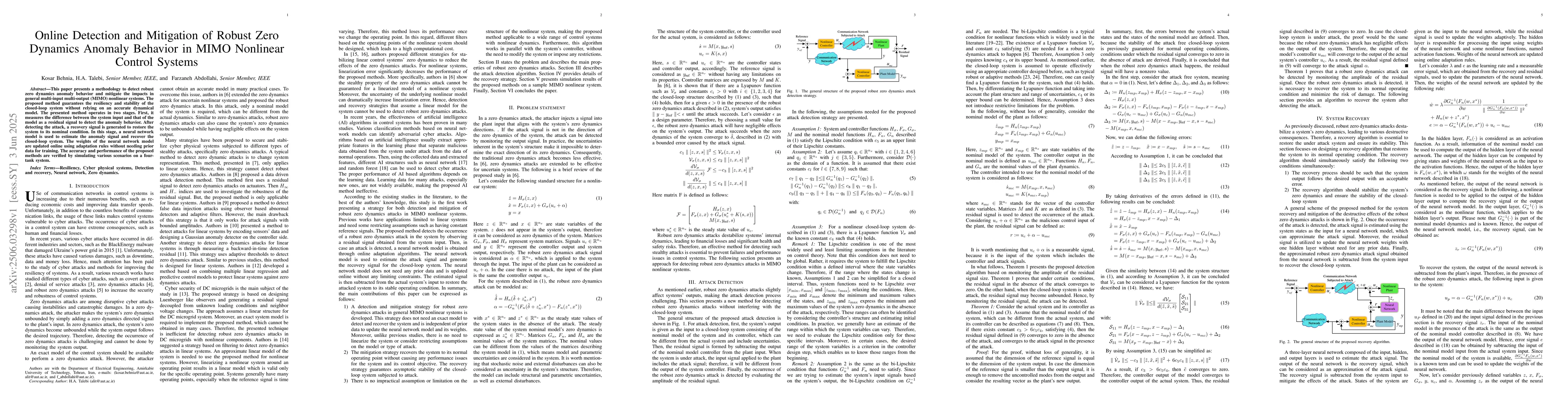Thumbnail for Online Detection and Mitigation of Robust Zero Dynamics Anomaly Behavior
  in MIMO Nonlinear Control Systems