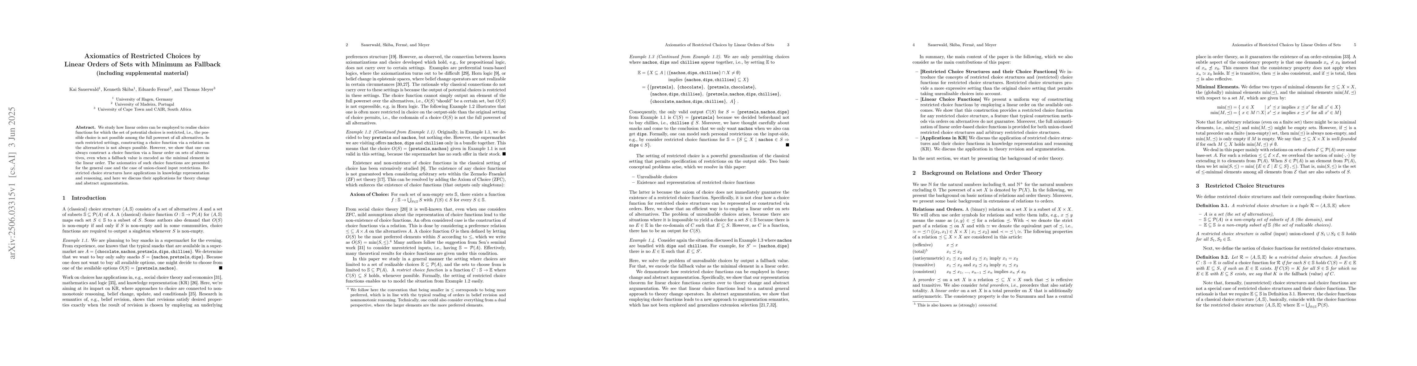 Thumbnail for Axiomatics of Restricted Choices by Linear Orders of Sets with Minimum
  as Fallback
