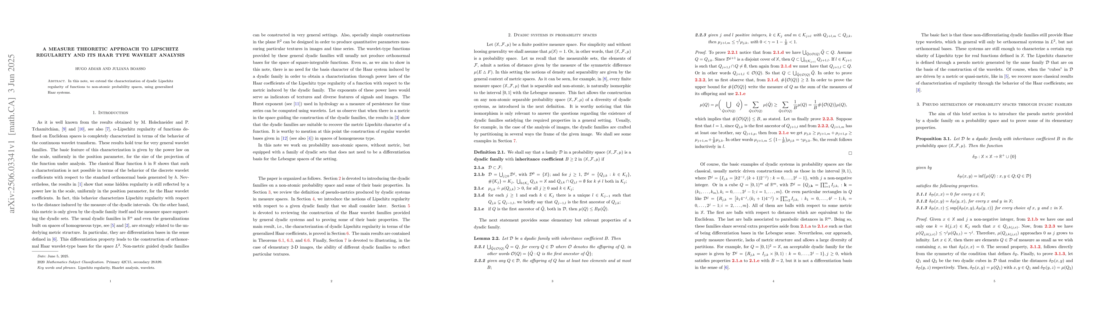Thumbnail for A measure theoretic approach to Lipschitz regularity and its Haar type
  wavelet analysis