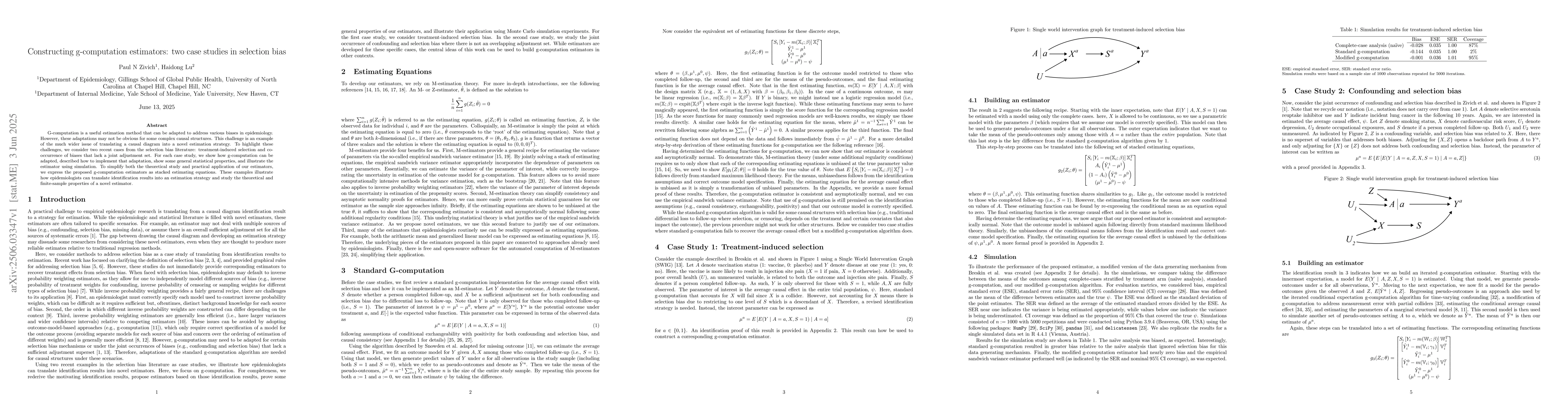 Thumbnail for Constructing g-computation estimators: two case studies in selection
  bias