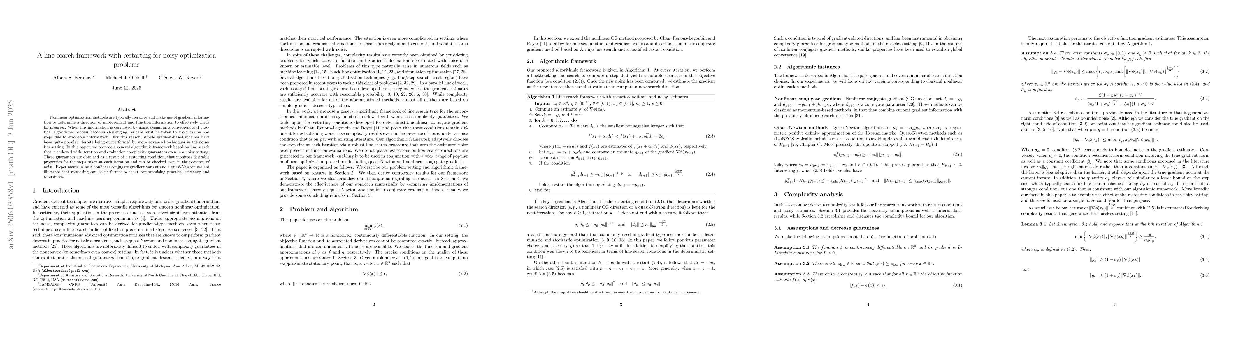 Thumbnail for A line search framework with restarting for noisy optimization problems