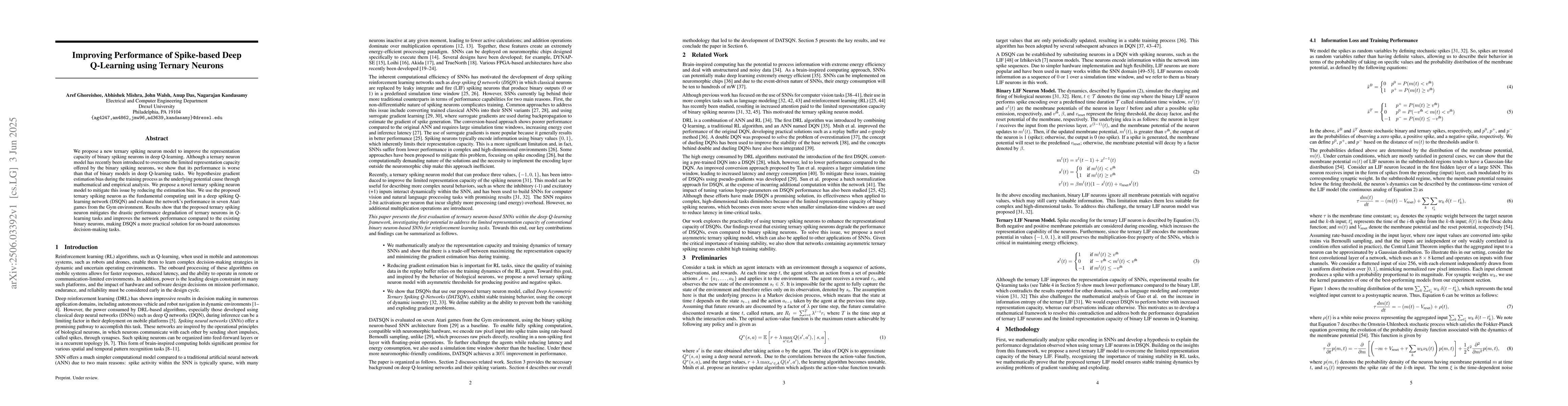 Thumbnail for Improving Performance of Spike-based Deep Q-Learning using Ternary
  Neurons
