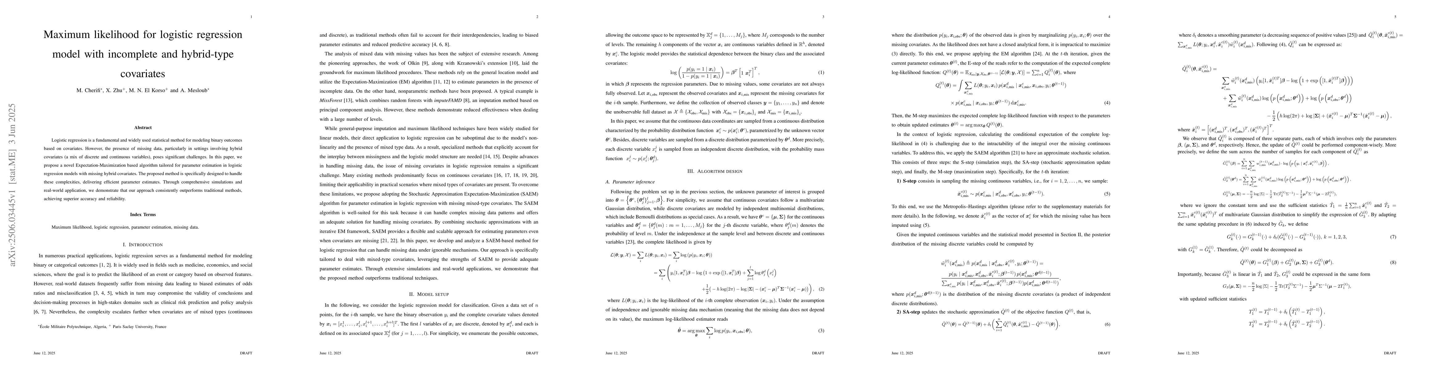 Thumbnail for Maximum Likelihood for Logistic Regression Model with Incomplete and
  Hybrid-Type Covariates