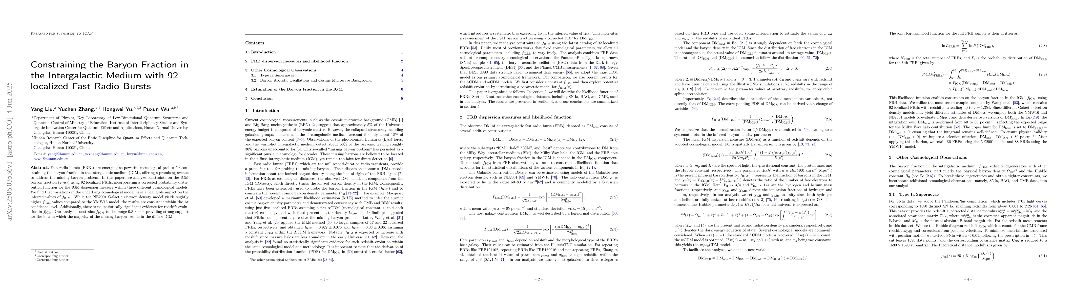 Thumbnail for Constraining the Baryon Fraction in the Intergalactic Medium with 92
  localized Fast Radio Bursts