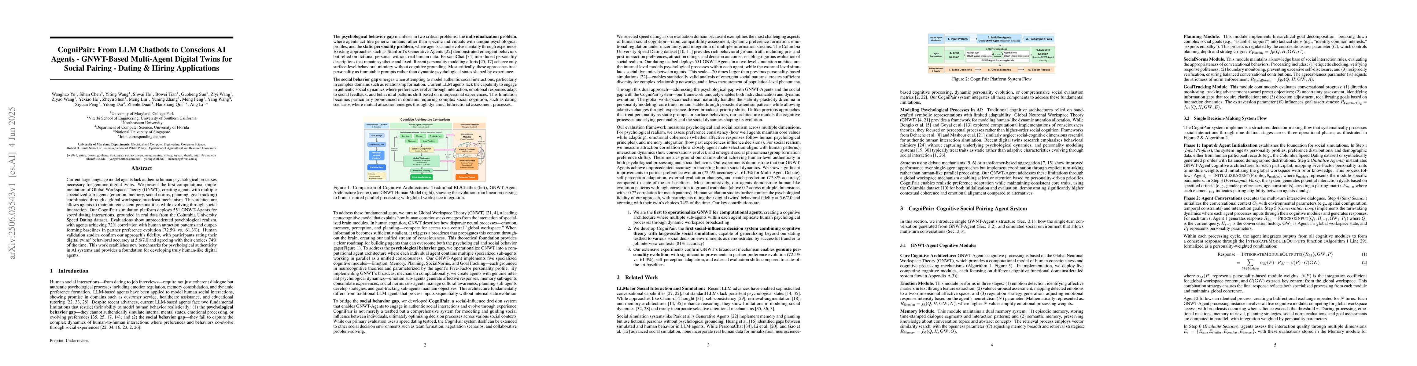 Thumbnail for CogniPair: From LLM Chatbots to Conscious AI Agents -- GNWT-Based
  Multi-Agent Digital Twins for Social Pairing -- Dating & Hiring Applications