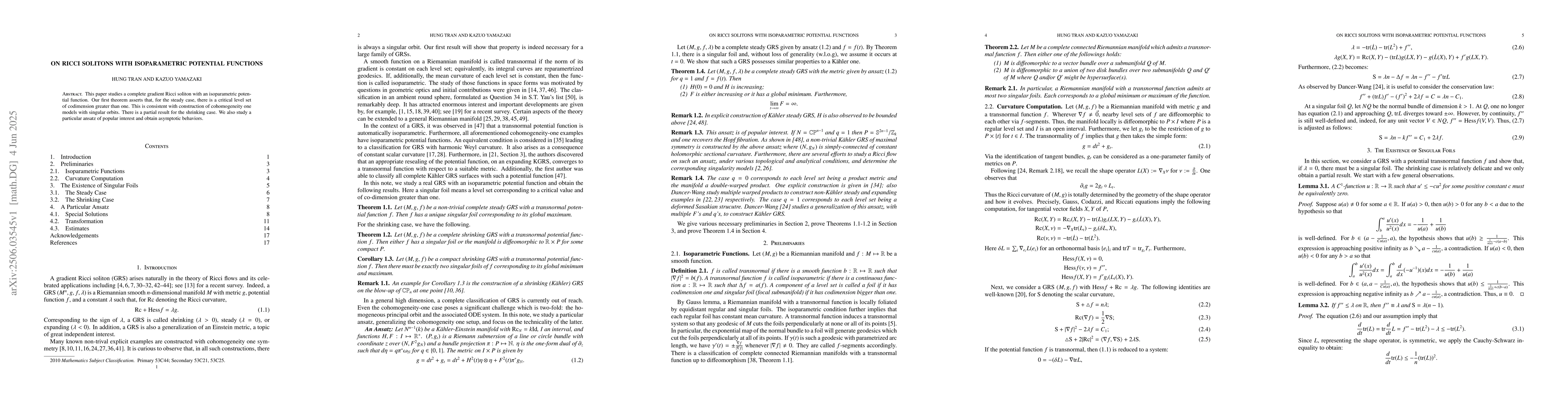 Thumbnail for On Ricci Solitons with Isoparametric Potential Functions