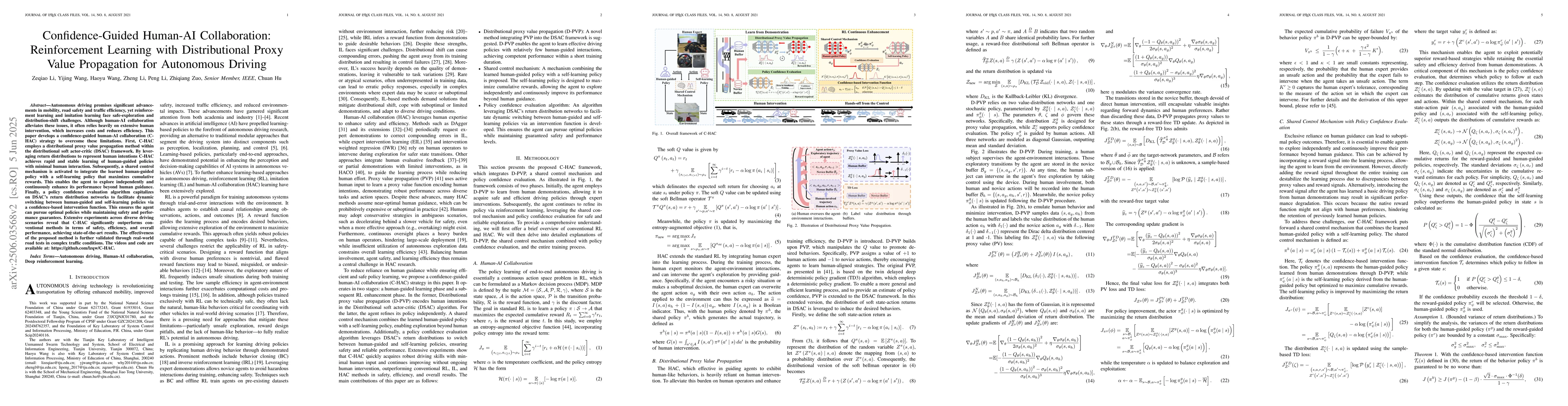 Thumbnail for Confidence-Guided Human-AI Collaboration: Reinforcement Learning with
  Distributional Proxy Value Propagation for Autonomous Driving