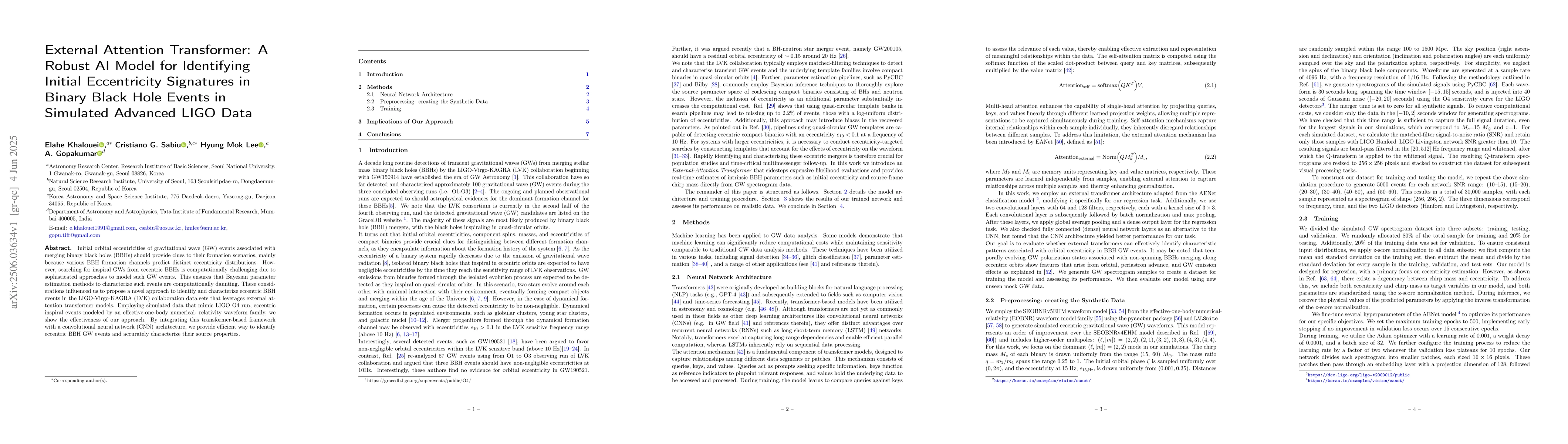 Thumbnail for External Attention Transformer: A Robust AI Model for Identifying
  Initial Eccentricity Signatures in Binary Black Hole Events in Simulated
  Advanced LIGO Data