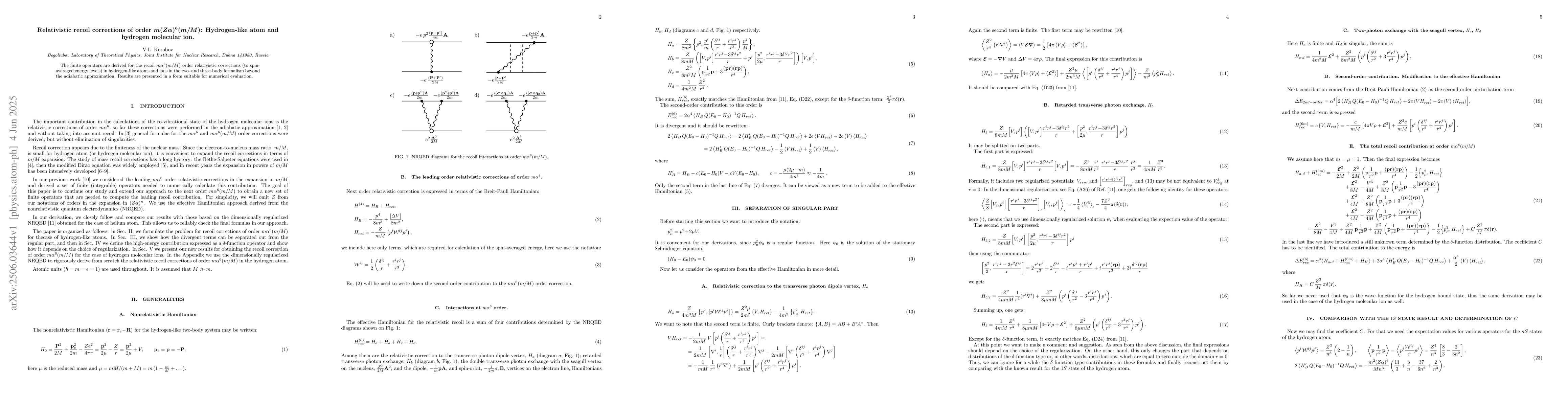 Thumbnail for Relativistic recoil corrections of order \boldmath$m(Zα)^6(m/M)$:
  Hydrogen-like atom and hydrogen molecular ion