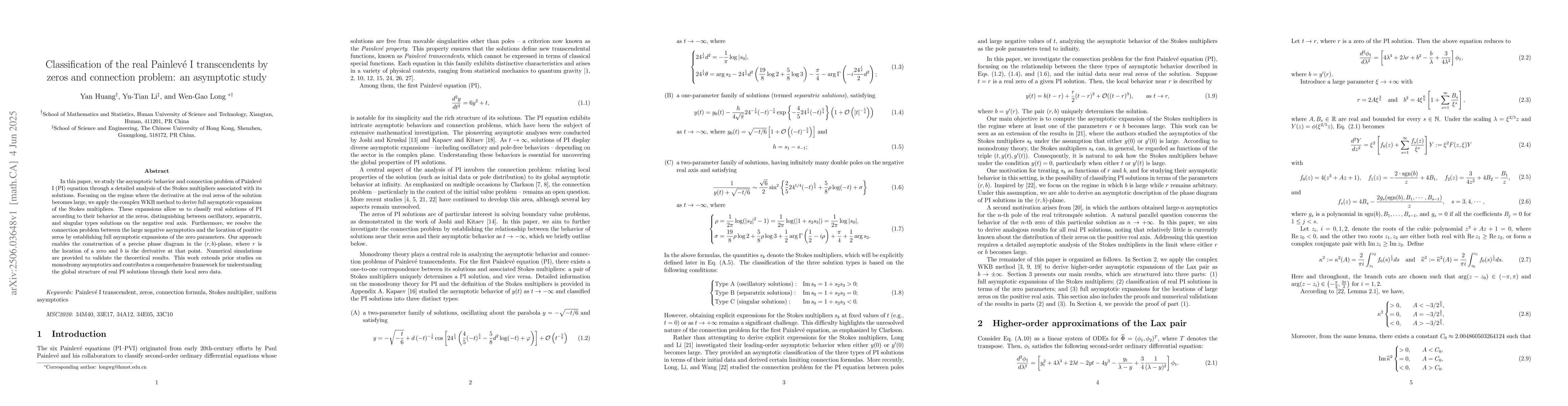 Thumbnail for Classification of the real Painlevé I transcendents by zeros and
  connection problem: an asymptotic study