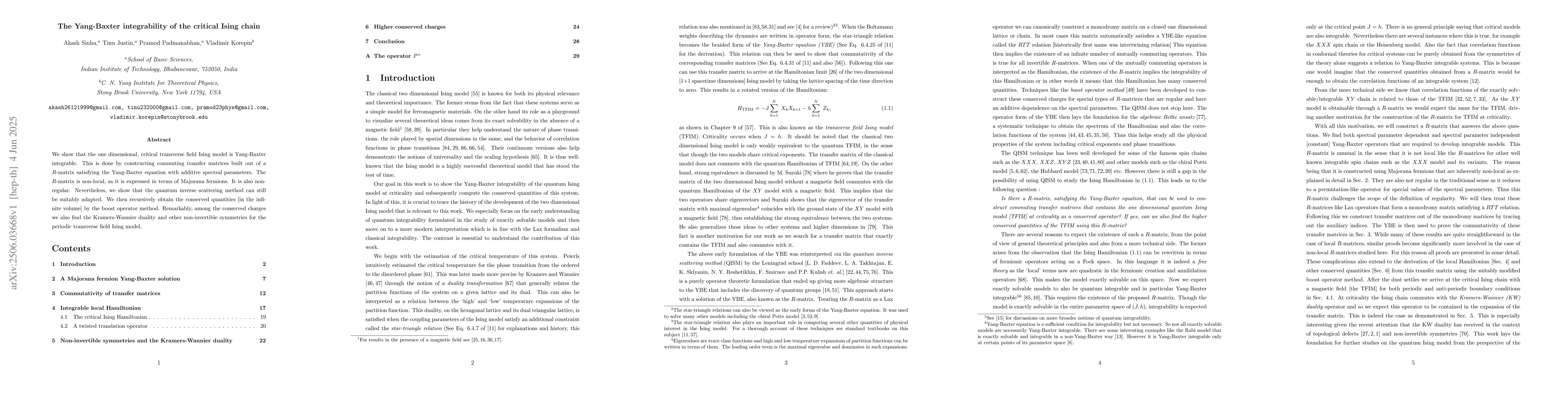 Thumbnail for The Yang-Baxter integrability of the critical Ising chain