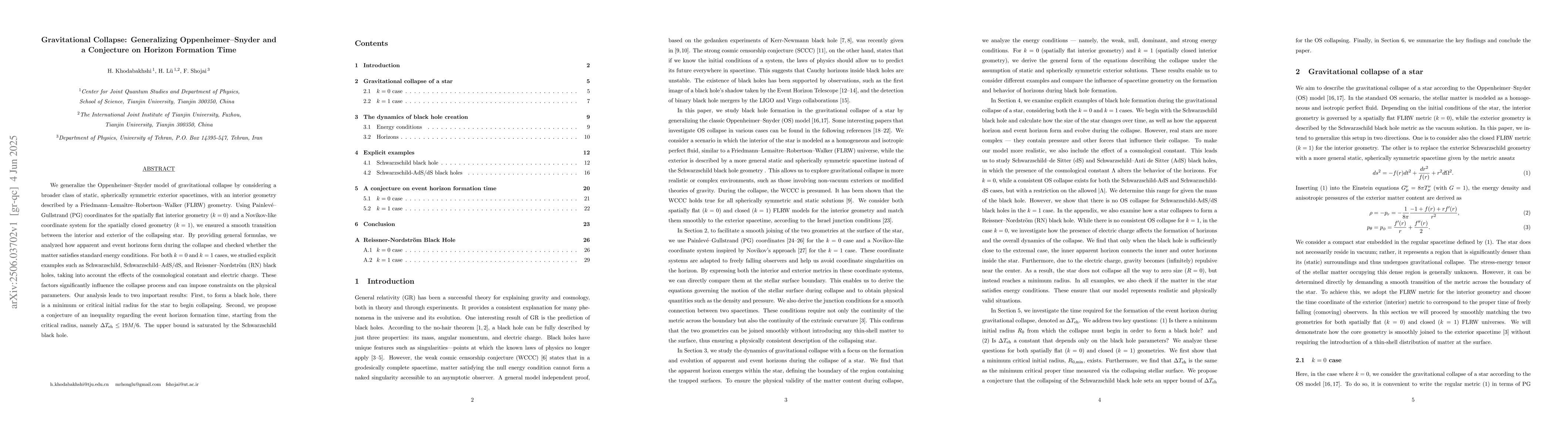 Thumbnail for Gravitational Collapse: Generalizing Oppenheimer-Snyder and a Conjecture
  on Horizon Formation Time