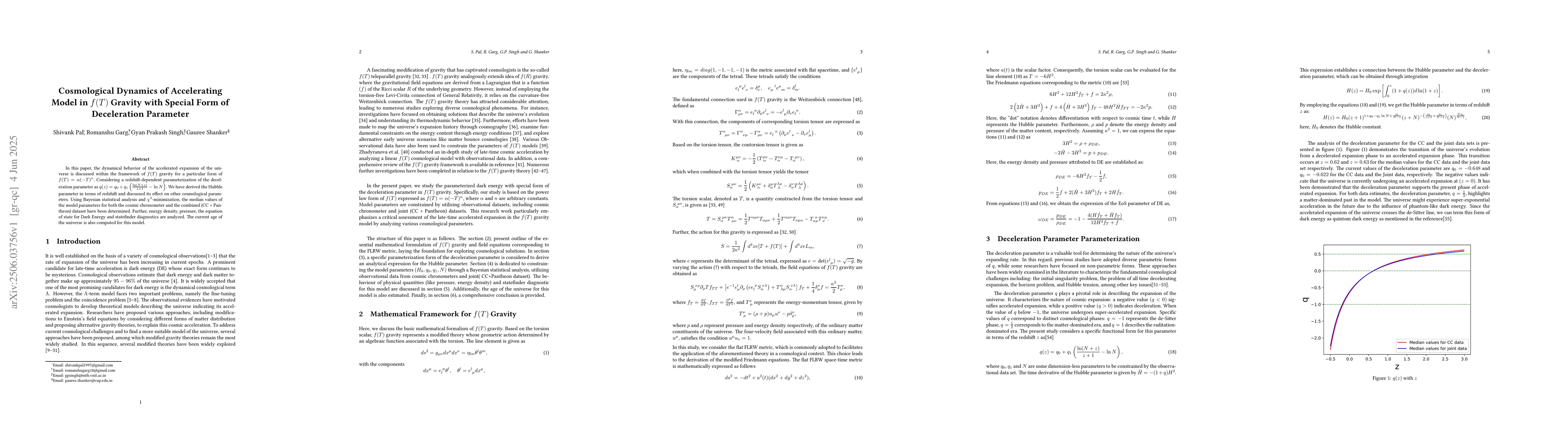 Thumbnail for Cosmological Dynamics of Accelerating Model in $f(T)$ Gravity with
  Special Form of Deceleration Parameter