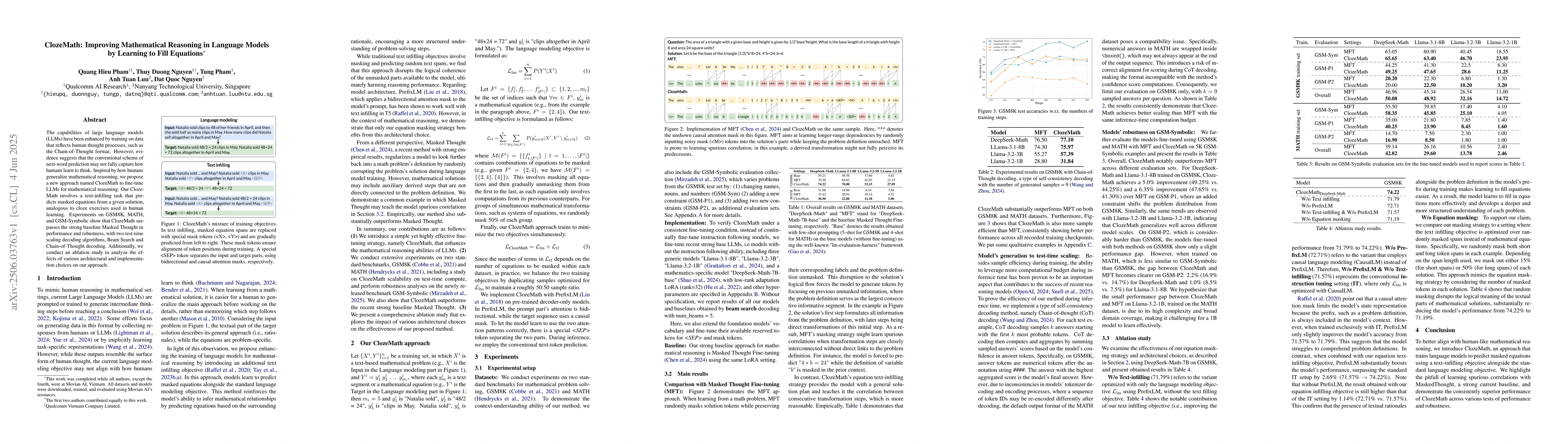 Thumbnail for ClozeMath: Improving Mathematical Reasoning in Language Models by
  Learning to Fill Equations