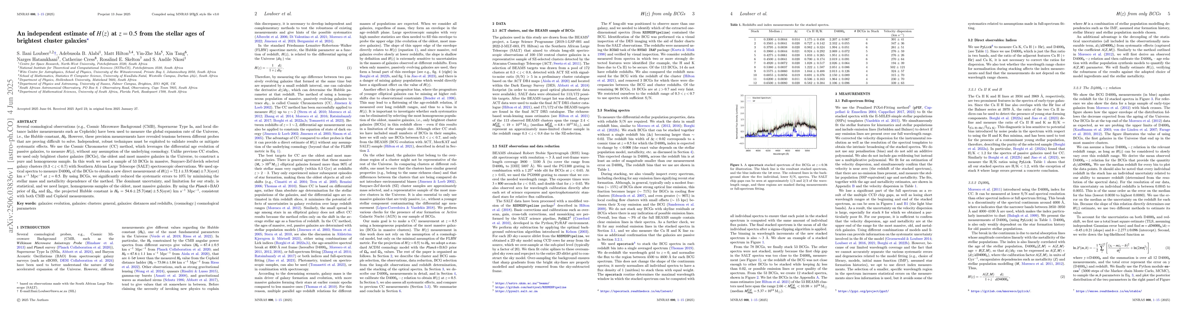 Thumbnail for An independent estimate of H(z) at z = 0.5 from the stellar ages of
  brightest cluster galaxies