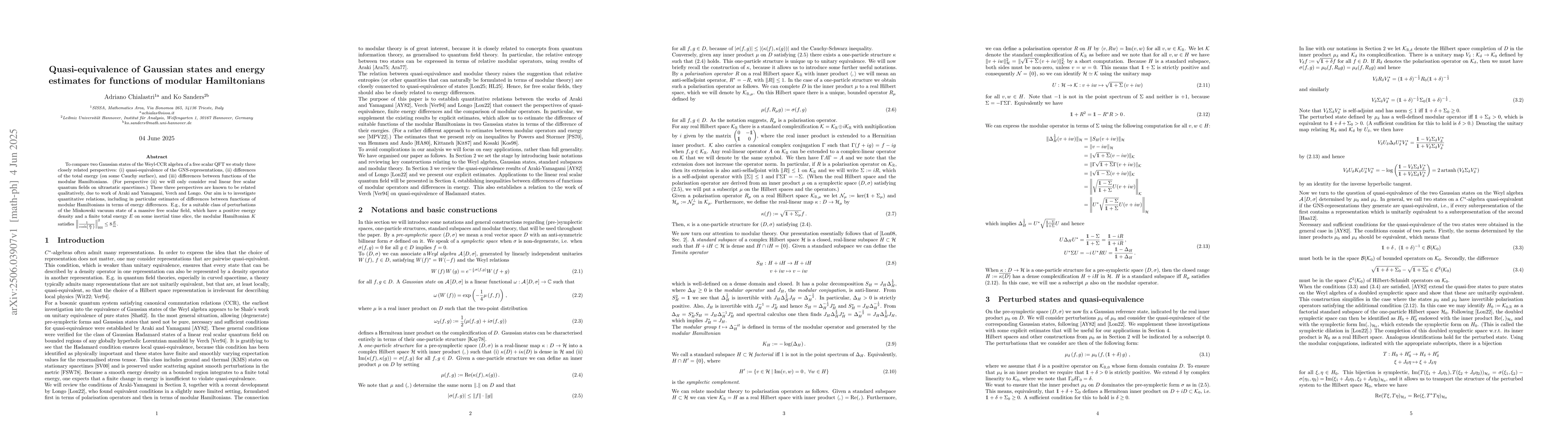 Thumbnail for Quasi-equivalence of Gaussian states and energy estimates for functions
  of modular Hamiltonians