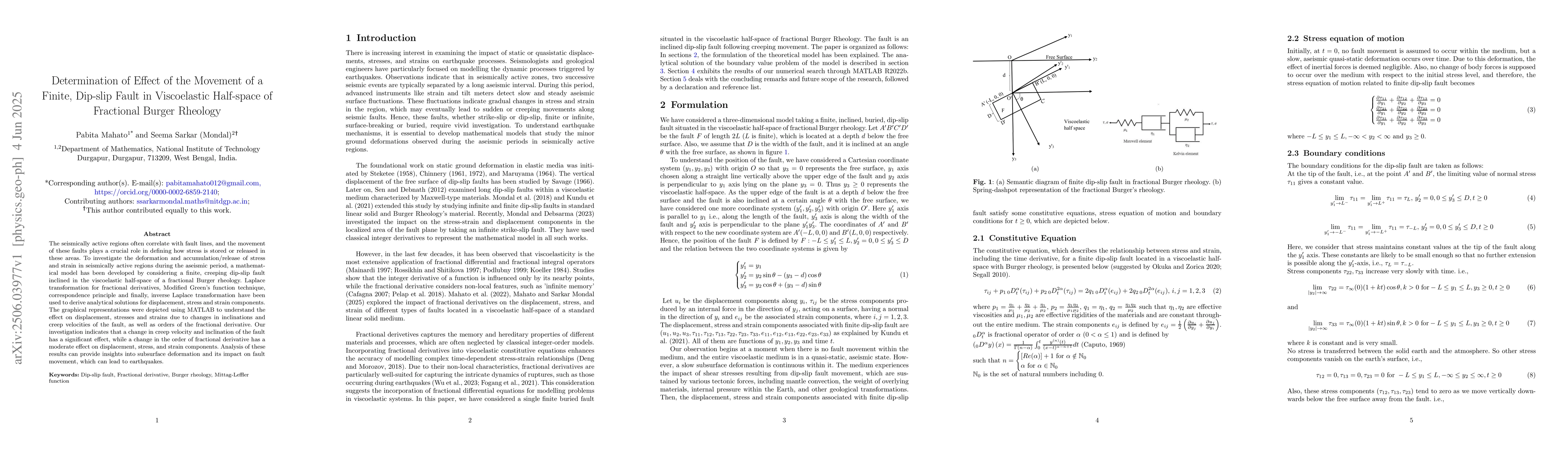 Thumbnail for Determination of Effect of the Movement of a Finite, Dip-slip Fault in
  Viscoelastic Half-space of Fractional Burger Rheology