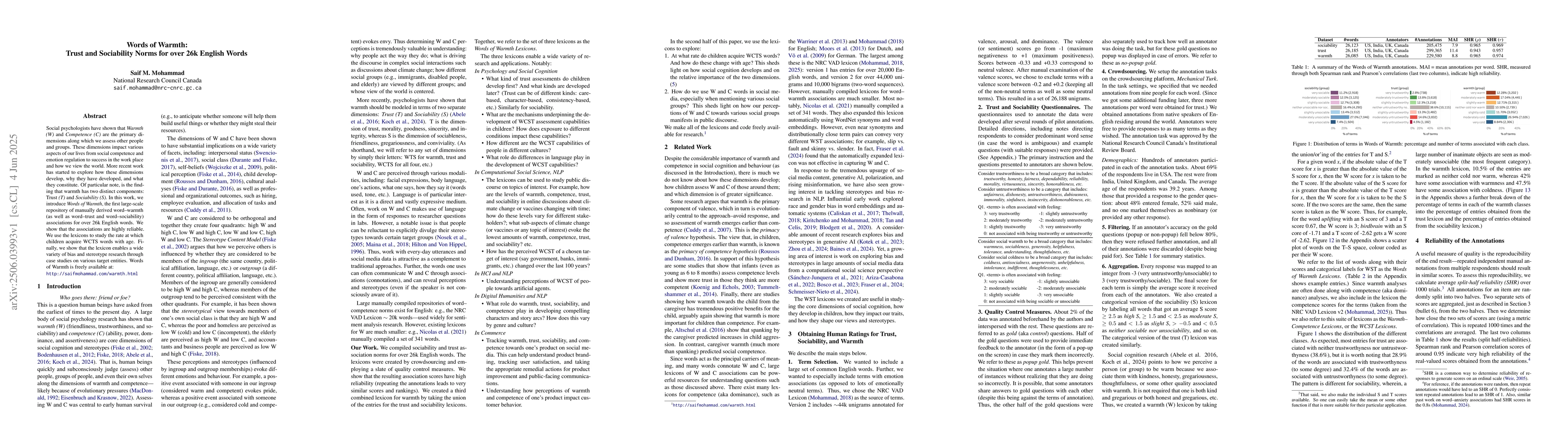 Thumbnail for Words of Warmth: Trust and Sociability Norms for over 26k English Words