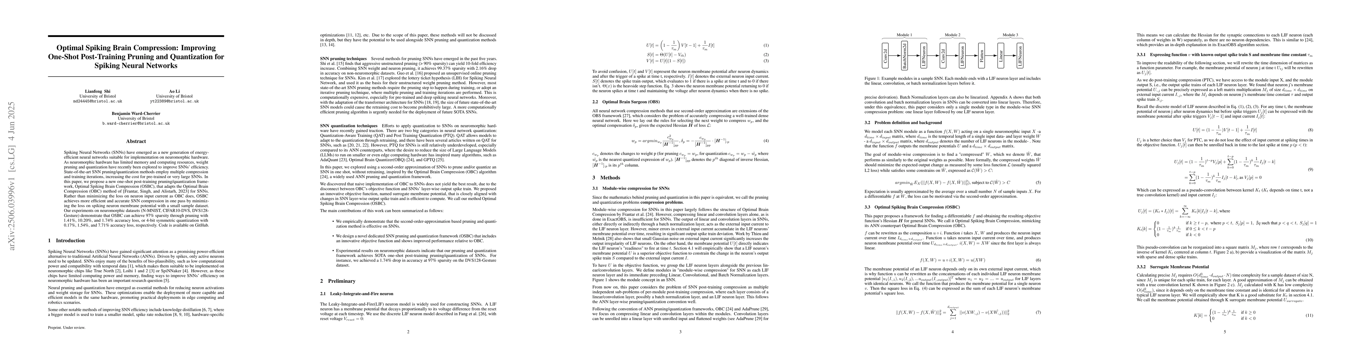 Thumbnail for Optimal Spiking Brain Compression: Improving One-Shot Post-Training
  Pruning and Quantization for Spiking Neural Networks