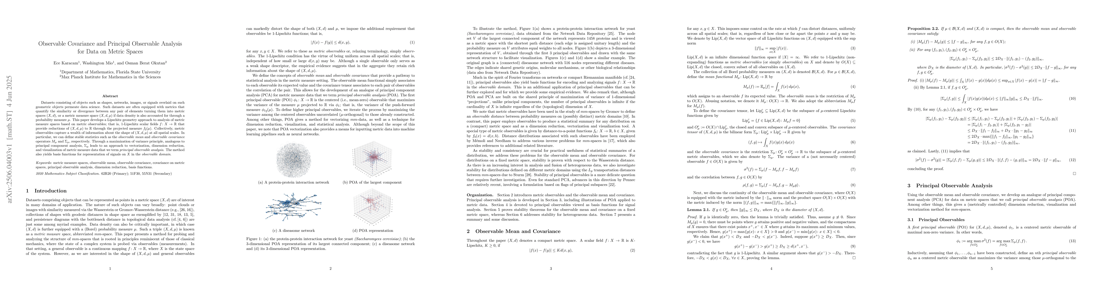 Thumbnail for Observable Covariance and Principal Observable Analysis for Data on
  Metric Spaces