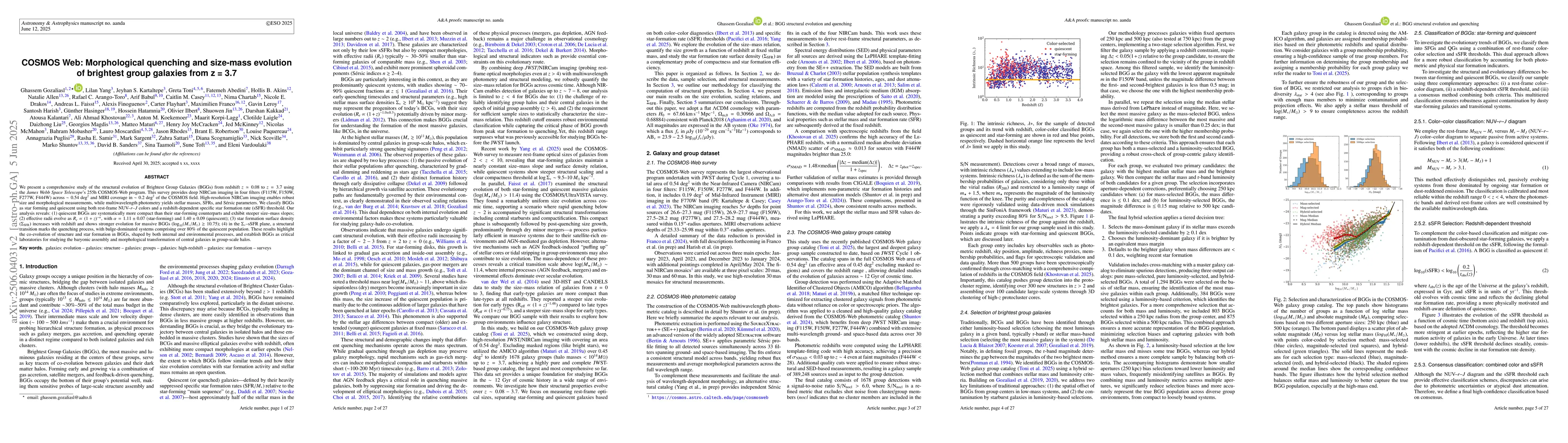 Thumbnail for COSMOS Web: Morphological quenching and size-mass evolution of brightest
  group galaxies from z = 3.7