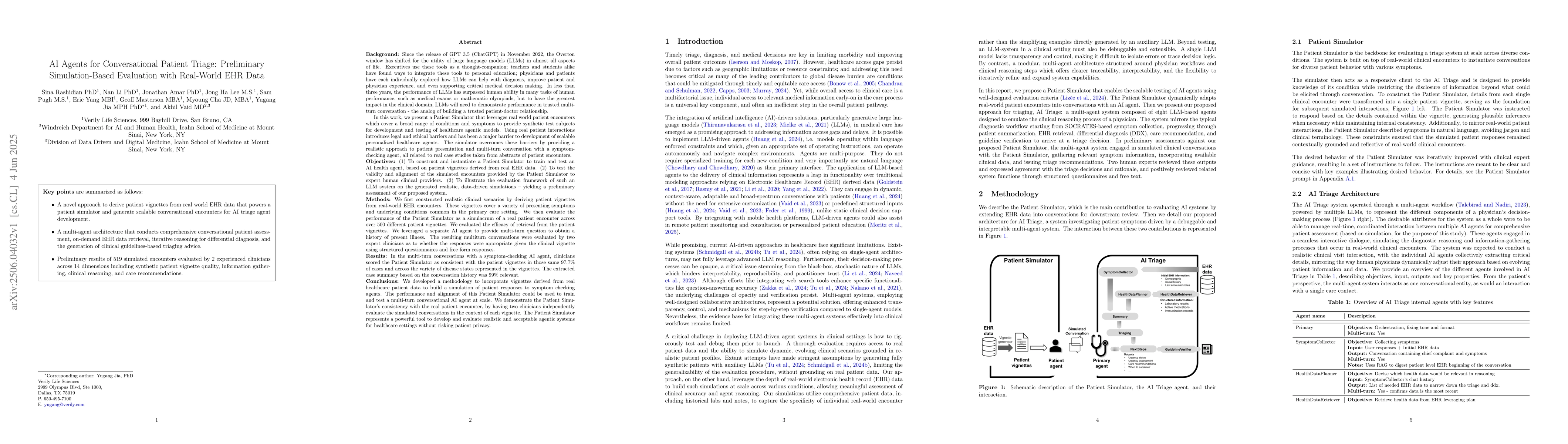 Thumbnail for AI Agents for Conversational Patient Triage: Preliminary
  Simulation-Based Evaluation with Real-World EHR Data