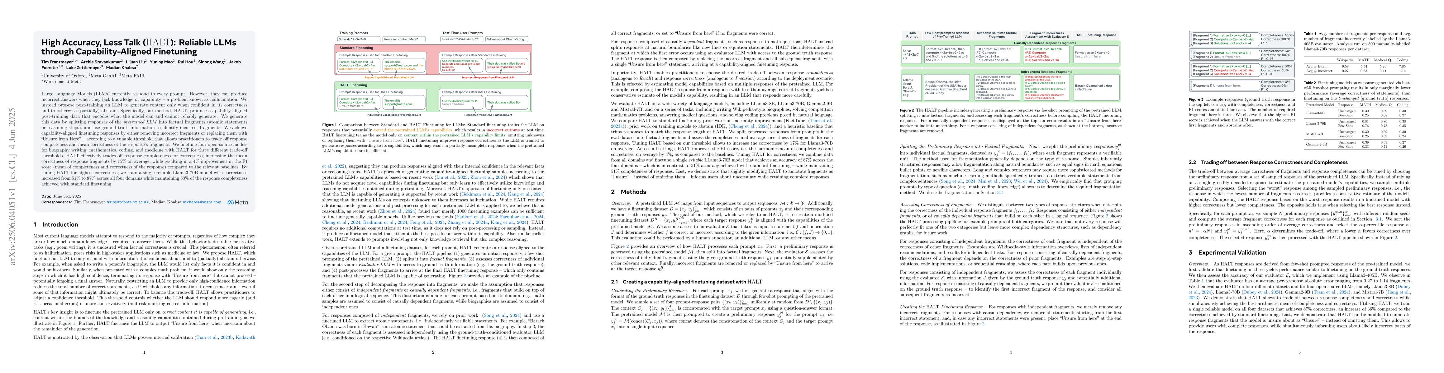 Thumbnail for High Accuracy, Less Talk (HALT): Reliable LLMs through
  Capability-Aligned Finetuning