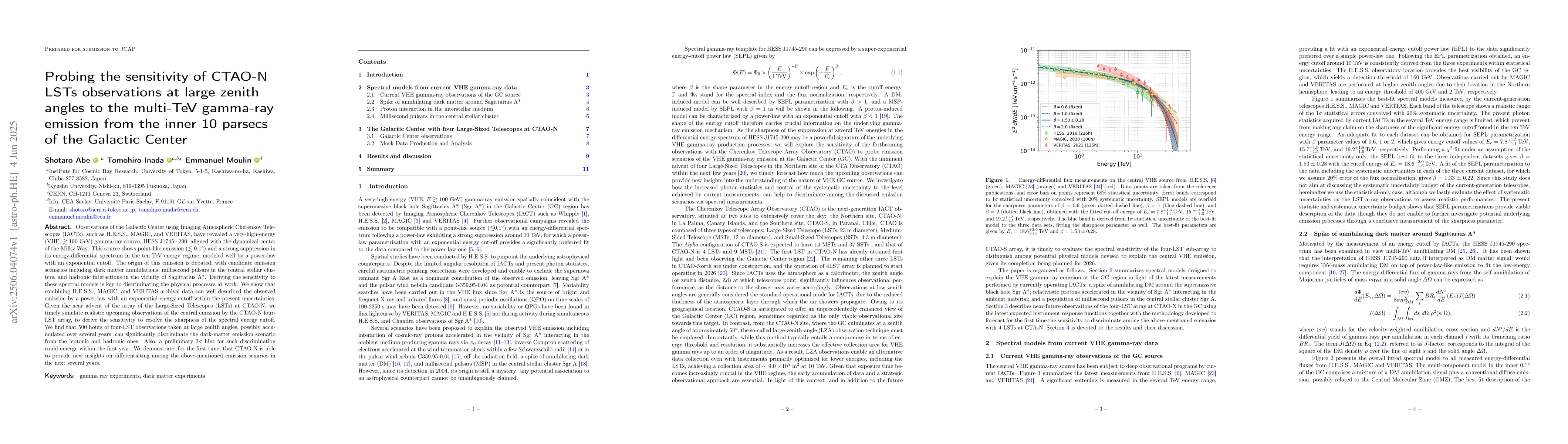 Thumbnail for Probing the sensitivity of CTAO-N LSTs observations at large zenith
  angles to the multi-TeV gamma-ray emission from the inner 10 parsecs of the
  Galactic Center
